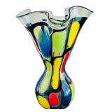 Mihai Topescu Hand Blown Art Glass Colorful Ruffled Vase Signed by Internationally Acclaimed Artist
