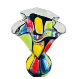 Mihai Topescu Hand Blown Art Glass Colorful Ruffled Vase Signed by Internationally Acclaimed Artist