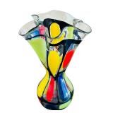 Mihai Topescu Hand Blown Art Glass Colorful Ruffled Vase Signed by Internationally Acclaimed Artist