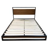 Platform Bed with Headboard / Slats, Black Metal and Wood Headboard