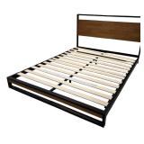 Platform Bed with Headboard / Slats, Black Metal and Wood Headboard