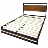 Platform Bed with Headboard / Slats, Black Metal and Wood Headboard