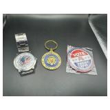 2020 Rarer 1st Term President Trump Memorabilia, Heavy Keychain, Button, 2nd Amendment Wristwatch