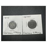 1874 & 1875 German Pfennig Coins, Lightly Circulated - Very Good Condition