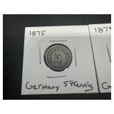 1874 & 1875 German Pfennig Coins, Lightly Circulated - Very Good Condition