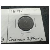 1874 & 1875 German Pfennig Coins, Lightly Circulated - Very Good Condition