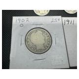 (2) Barber Quarters and (2) Barber Dimes, 1902O, 1911 and 1911, 1914