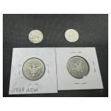 (2) Barber Quarters and (2) Barber Dimes, 1902O, 1911 and 1911, 1914