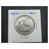 1957 D AU+ Franklin Half Dollar