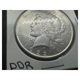 1922 High Grade Peace Dollar DDR, AU - Minor Doubling on Reverse (See Pictures)