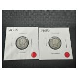 (2) Mid Grad Mercury Dimes, 1918D and 1920