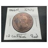 1866 N XF Red Italia 10 Centisimi, Very Well Preserved for it