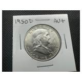 1950 D High Grade Franklin Half Dollar, AU+ or Better
