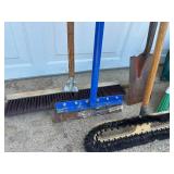 Assorted Long Handle Tools. Brooms, Shovels, Etc