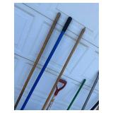 Assorted Long Handle Tools. Brooms, Shovels, Etc