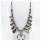 Greg Pat (Navajo) Turquoise & Spiny Oyster Sterling Silver Squash Blossom Necklace.