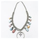 Greg Pat (Navajo) Turquoise & Spiny Oyster Sterling Silver Squash Blossom Necklace.