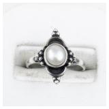 Dainty Pearl Sterling Silver Ring. Size 5.75 - 6.