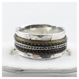 Hammered Tri-Tone Sterling Silver Spinner Ring . Size 8 - 8.25.