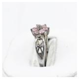 Pink Tourmaline & Diamond Flower Sterling Silver Ring. Size 8.5 - 8.75.