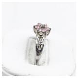 Pink Tourmaline & Diamond Flower Sterling Silver Ring. Size 8.5 - 8.75.