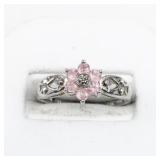 Pink Tourmaline & Diamond Flower Sterling Silver Ring. Size 8.5 - 8.75.