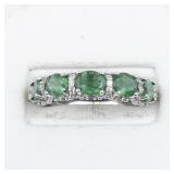 5 Oval Natural Emerald & Diamond Sterling Silver Ring. Size 5.75 - 6.