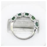 5 Oval Natural Emerald & Diamond Sterling Silver Ring. Size 5.75 - 6.