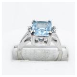 Aquamarine And CZ Silver Plated Ring. Size 6.25 - 6.5.