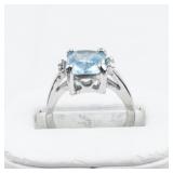Aquamarine And CZ Silver Plated Ring. Size 6.25 - 6.5.