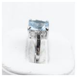 Aquamarine And CZ Silver Plated Ring. Size 6.25 - 6.5.