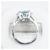 Aquamarine And CZ Silver Plated Ring. Size 6.25 - 6.5.