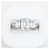 Three Stone Emerald Cut Sterling Silver Engagement Style Ring. Size 8 - 8.25.