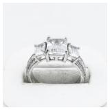 Three Stone Emerald Cut Sterling Silver Engagement Style Ring. Size 8 - 8.25.