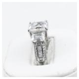 Three Stone Emerald Cut Sterling Silver Engagement Style Ring. Size 8 - 8.25.