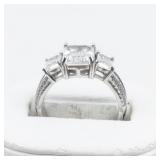 Three Stone Emerald Cut Sterling Silver Engagement Style Ring. Size 8 - 8.25.