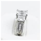 Three Stone Emerald Cut Sterling Silver Engagement Style Ring. Size 8 - 8.25.