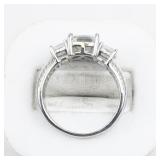 Three Stone Emerald Cut Sterling Silver Engagement Style Ring. Size 8 - 8.25.