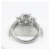 Three Stone Emerald Cut Sterling Silver Engagement Style Ring. Size 8 - 8.25.