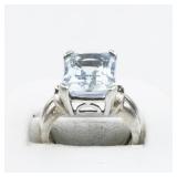 Emerald Cut Aquamarine Sterling Silver Ring. Size 6.75 - 7.