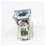 Emerald Cut Aquamarine Sterling Silver Ring. Size 6.75 - 7.