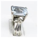 Emerald Cut Aquamarine Sterling Silver Ring. Size 6.75 - 7.