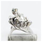 Mexico (Unknown) Turquoise Eyes Frog Sterling Silver Statement Ring . Size 9.75 - 10.