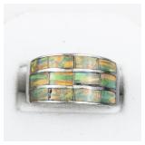 Synthetic Opal Inlay Sterling Silver Band. Size 8.5 - 8.75.