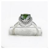 Green Heart & CZ Sterling Silver Ring. Size 6.75 - 7.
