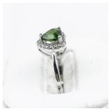 Green Heart & CZ Sterling Silver Ring. Size 6.75 - 7.