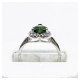 Green Heart & CZ Sterling Silver Ring. Size 6.75 - 7.