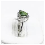 Green Heart & CZ Sterling Silver Ring. Size 6.75 - 7.