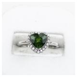 Green Heart & CZ Sterling Silver Ring. Size 6.75 - 7.