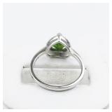 Green Heart & CZ Sterling Silver Ring. Size 6.75 - 7.